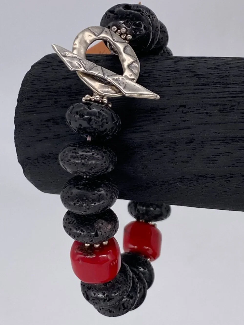 Carol Bradley Bracelet Black Lava Rock Red Coral Sterling Silver 925 Clasp